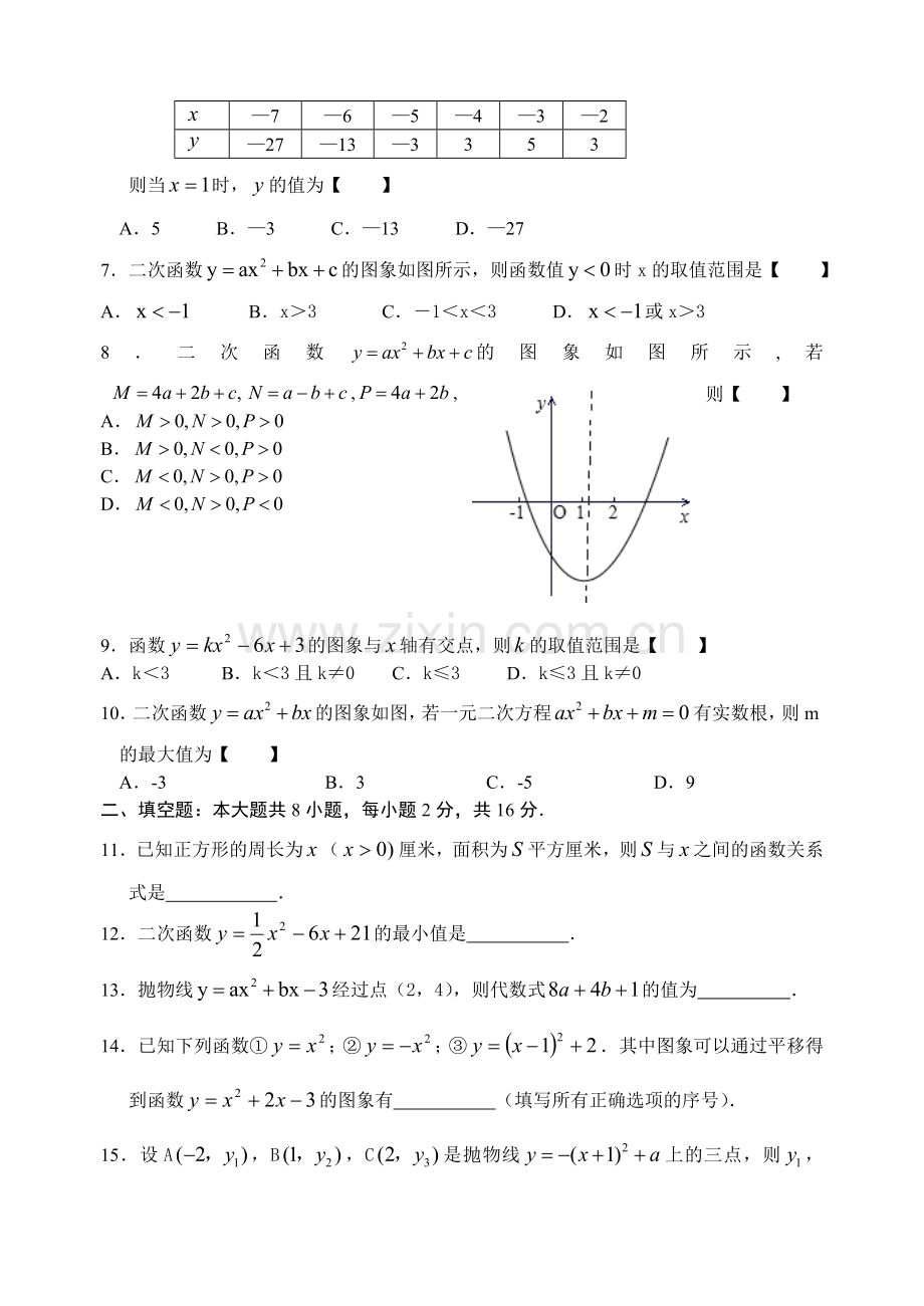 二次函数测试（滨江初中）.doc_第2页