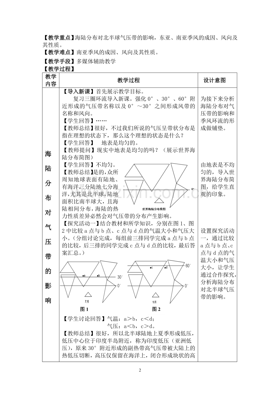 海陆分布对气压带的影响、季风环流（教学设计省二等奖）.doc_第2页