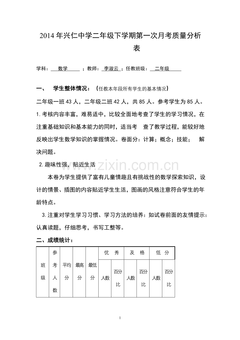 二年级数学下学期第一次月考质量分析.doc_第1页