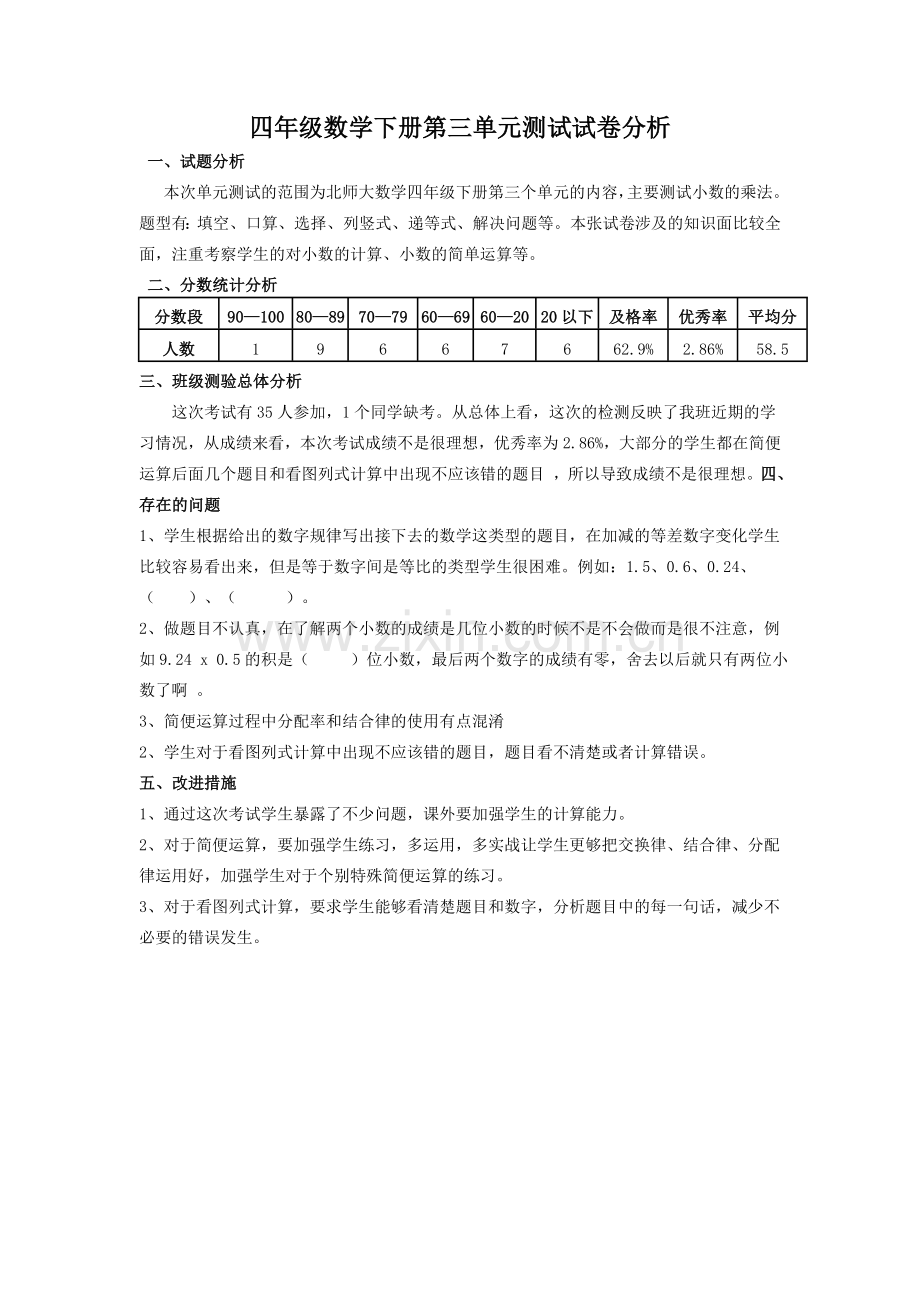 四年级数学下册第三单元测试试卷分析.doc_第1页