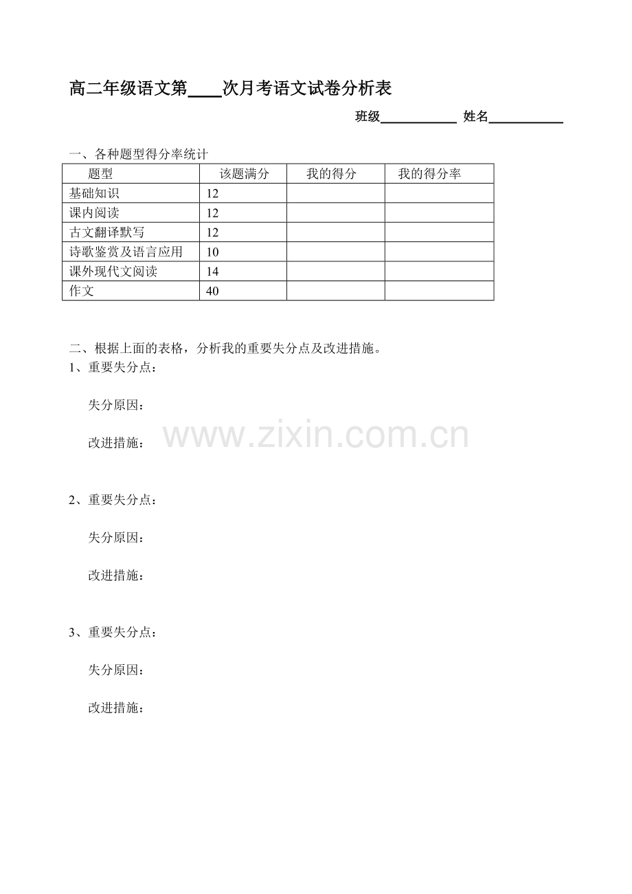 高中语文月考试卷分析表(学生用).doc_第1页