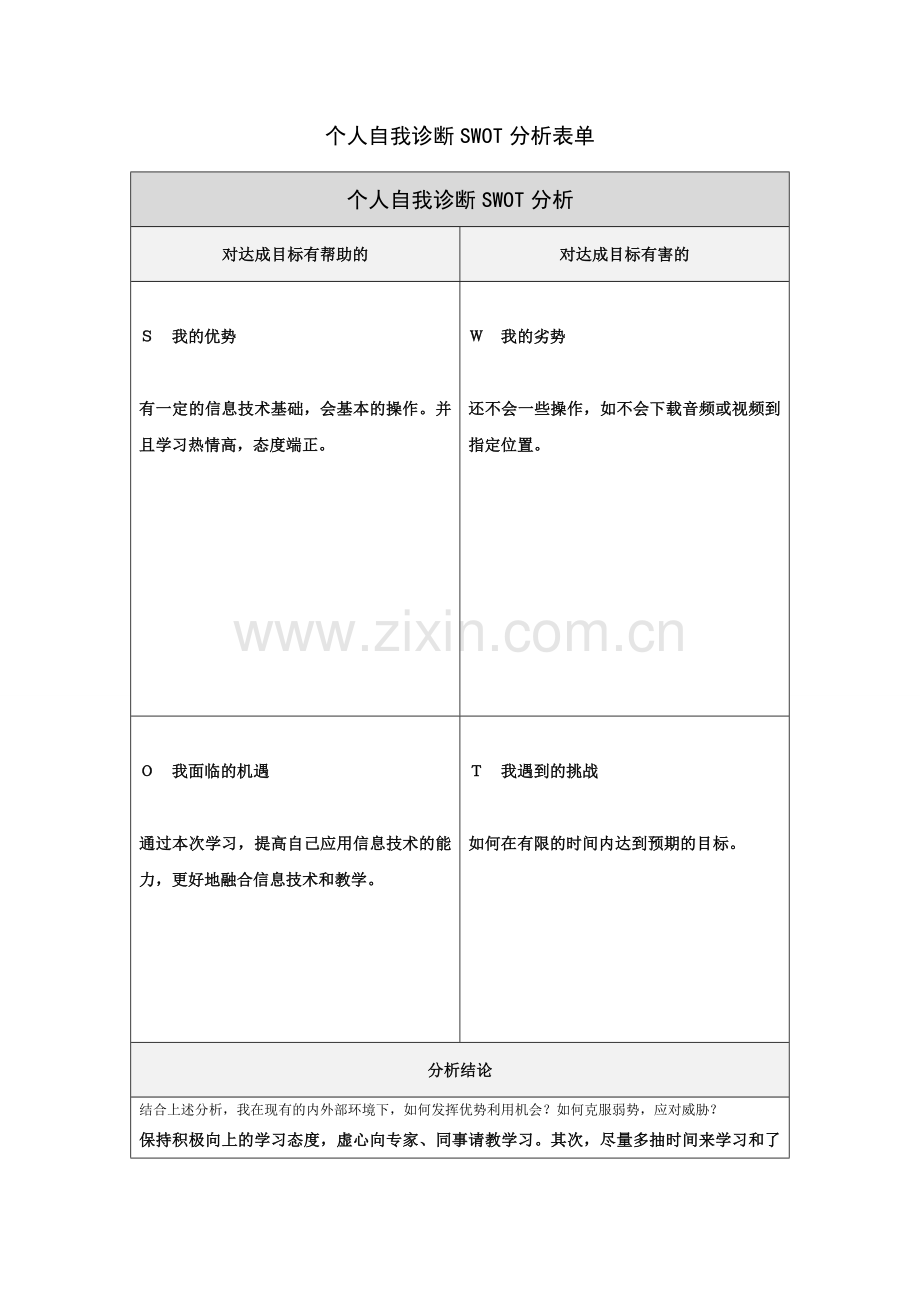 解慧琴个人自我诊断SWOT分析表.doc_第1页