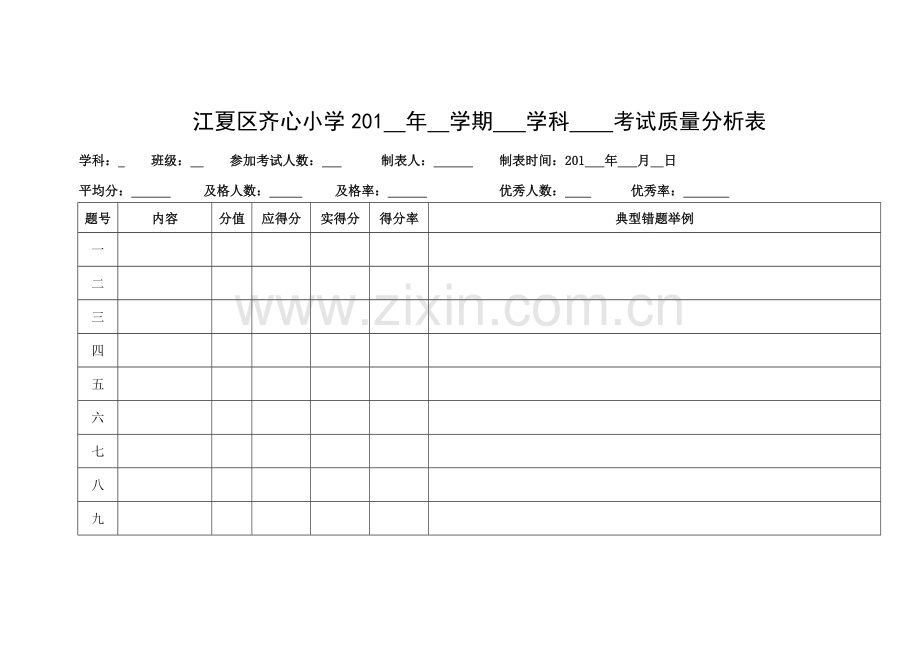 齐心小学数学质量分析表.doc_第1页