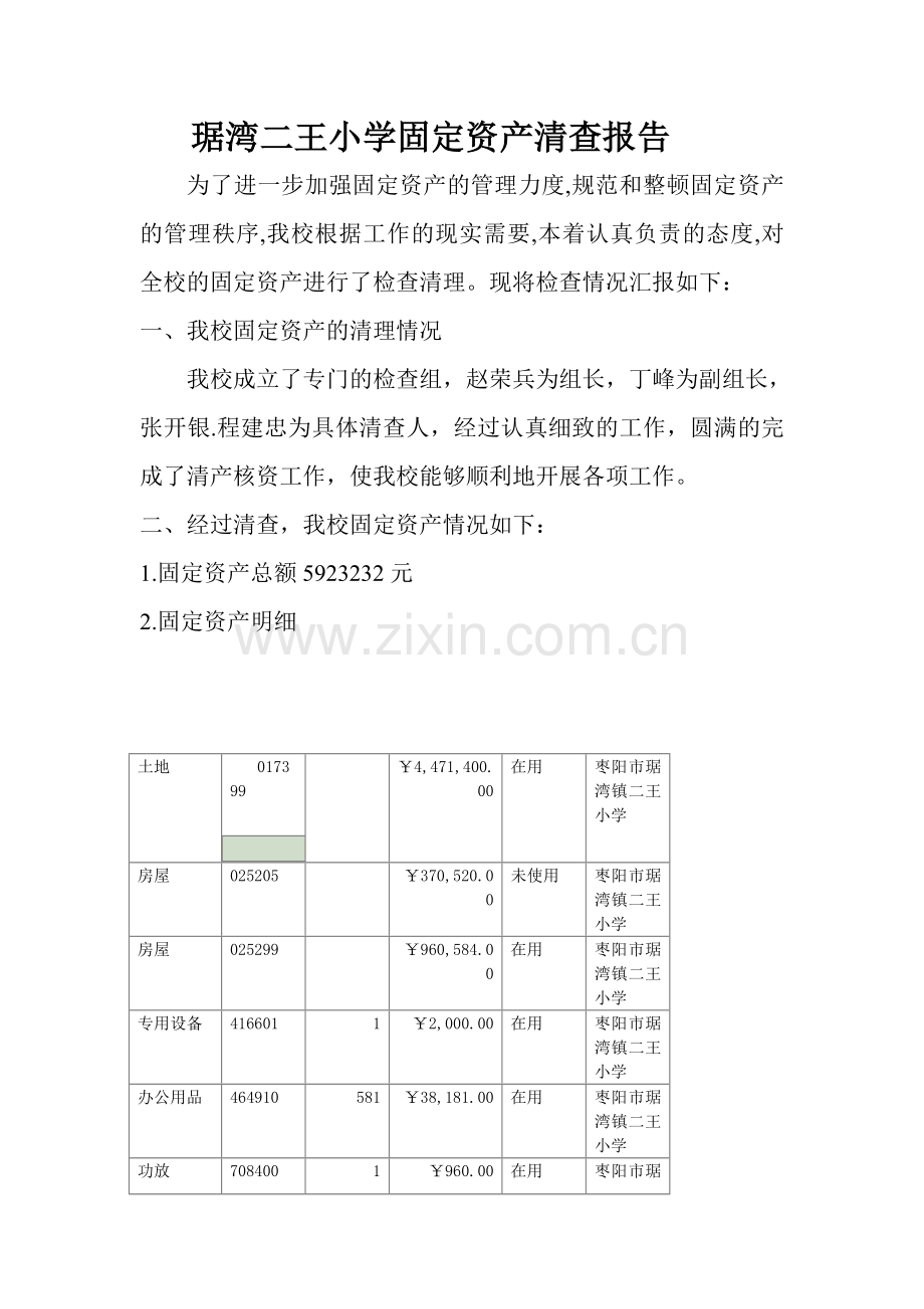 二王小学固定资产清查报告.doc_第1页