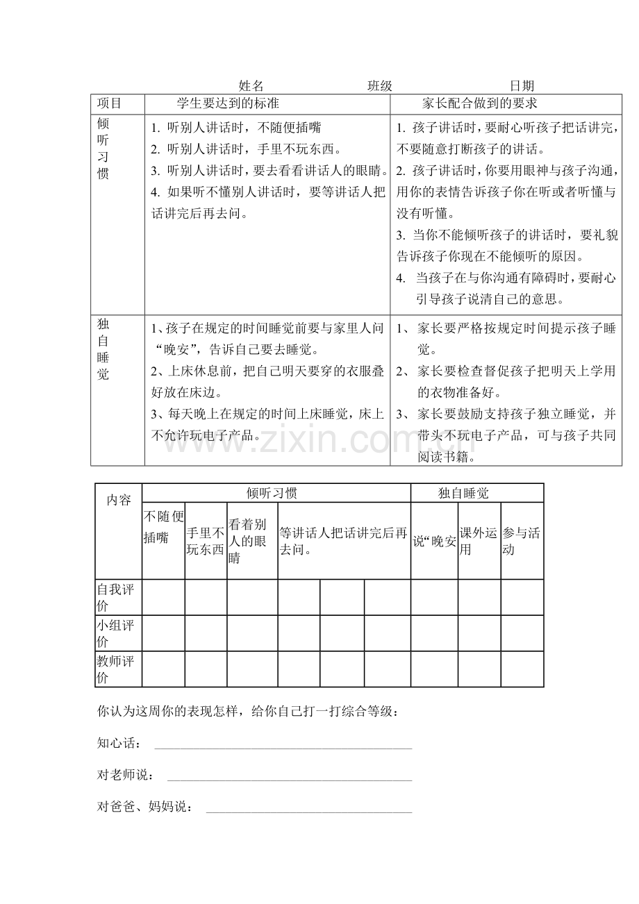 小学一年级行为习惯评价卡.doc_第1页