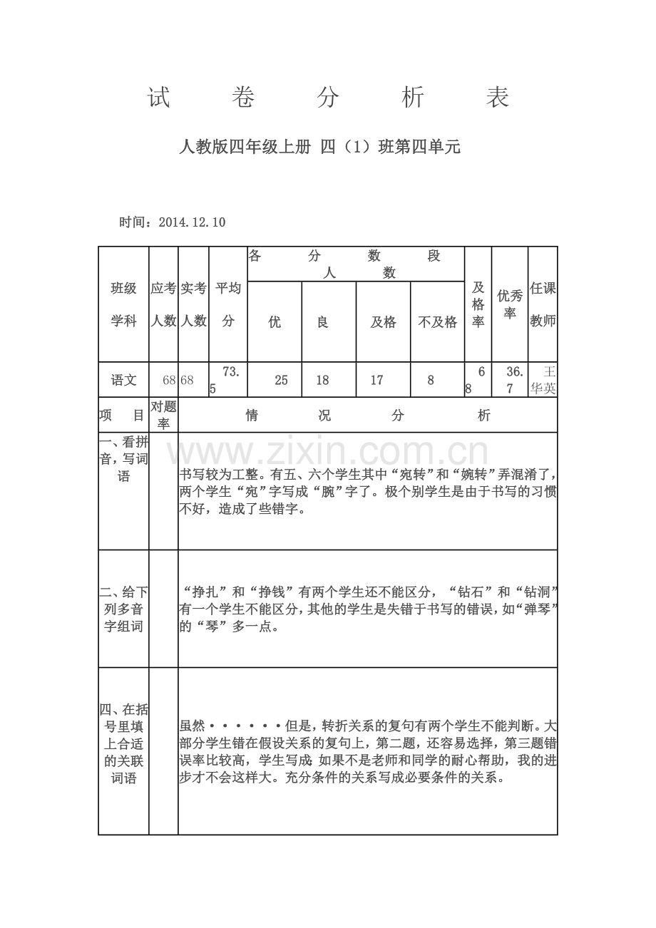 人教版四年级上册第四单元试卷分析.doc_第1页