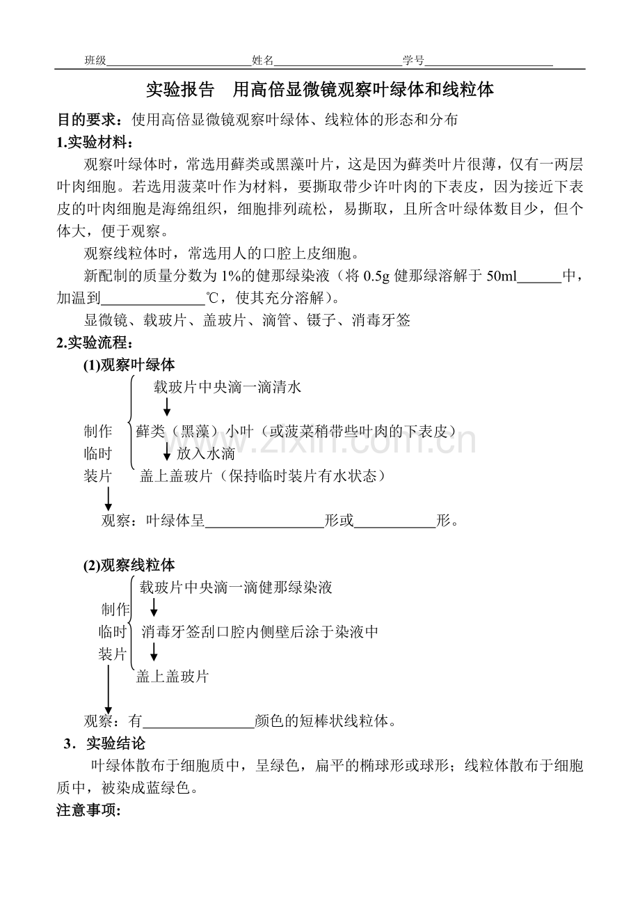 实验报告：用高倍显微镜观察叶绿体和线粒体.doc_第1页