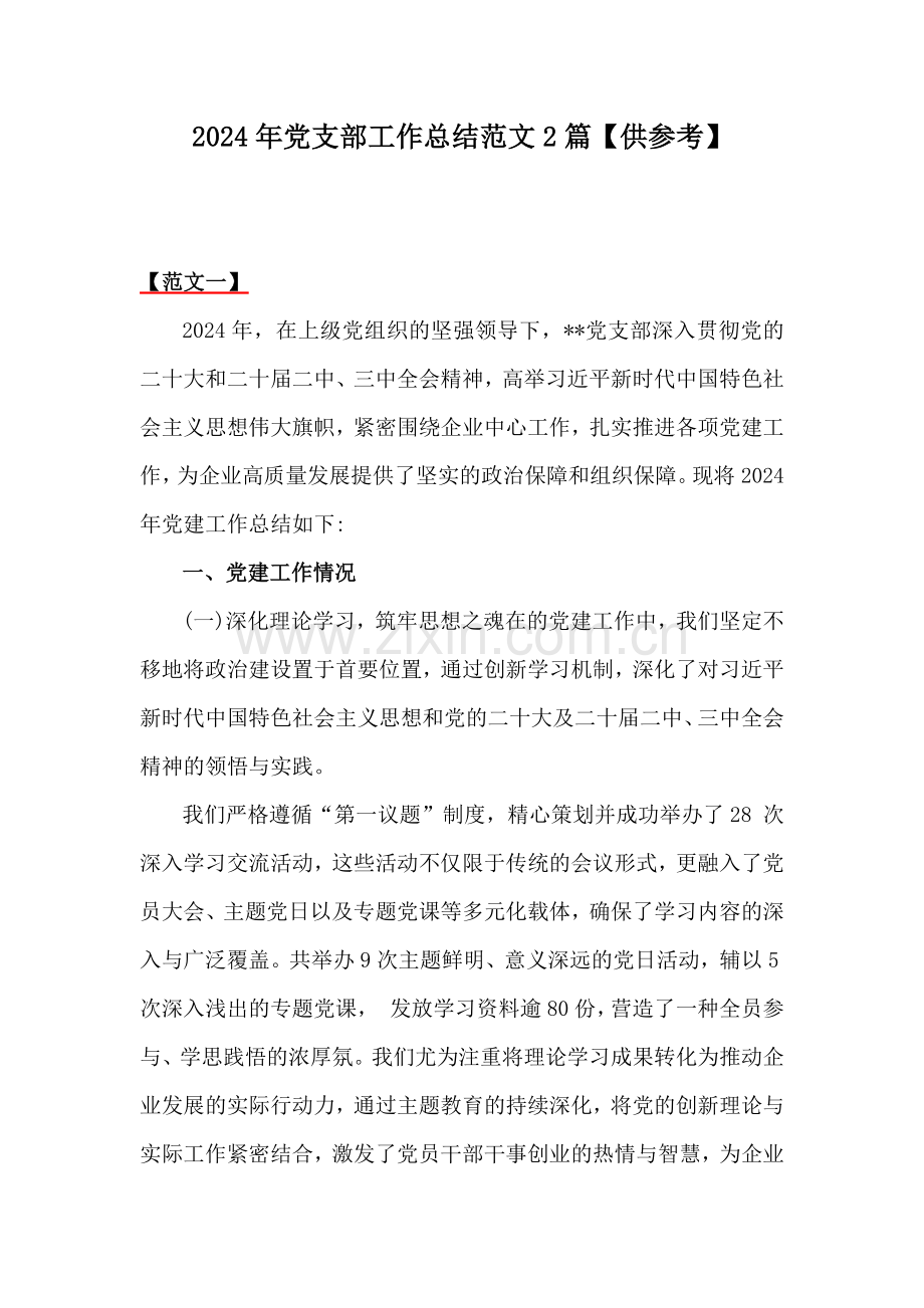 2024年党支部工作总结范文2篇【供参考】.docx_第1页