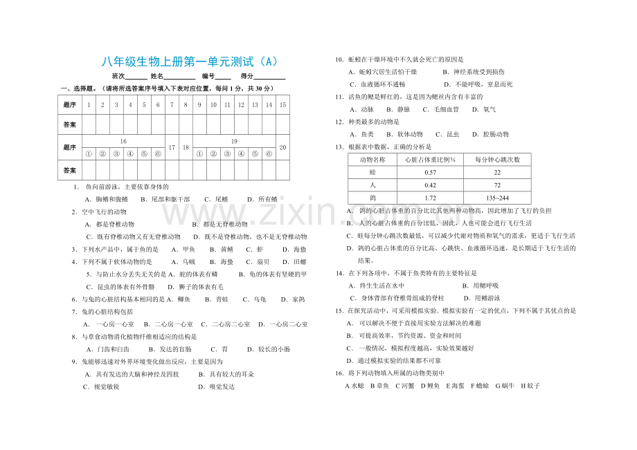 八年级生物上册第一单元测试.doc_第1页