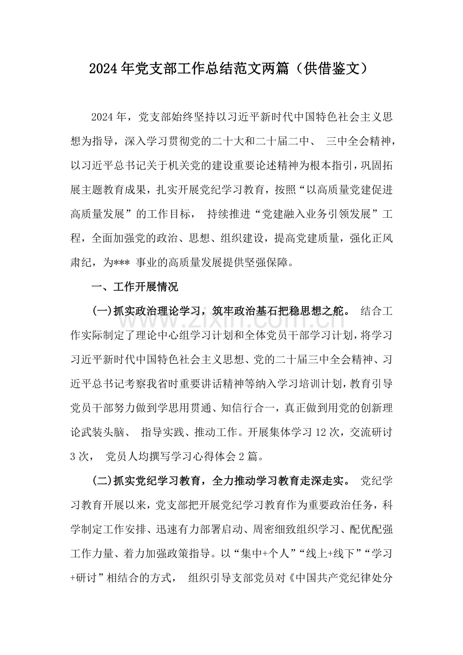 2024年党支部工作总结范文两篇（供借鉴文）.docx_第1页