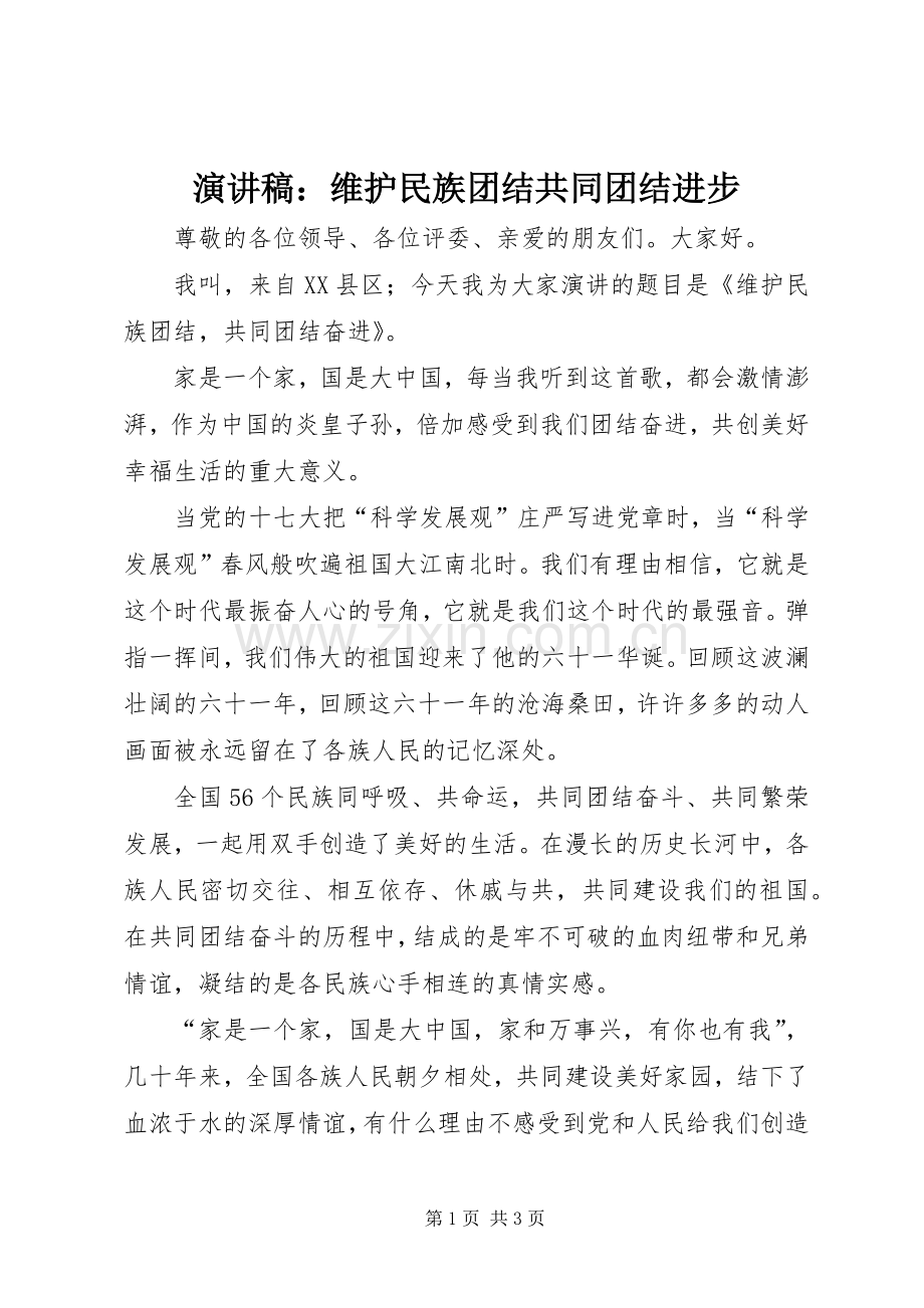 演讲：维护民族团结共同团结进步.docx_第1页