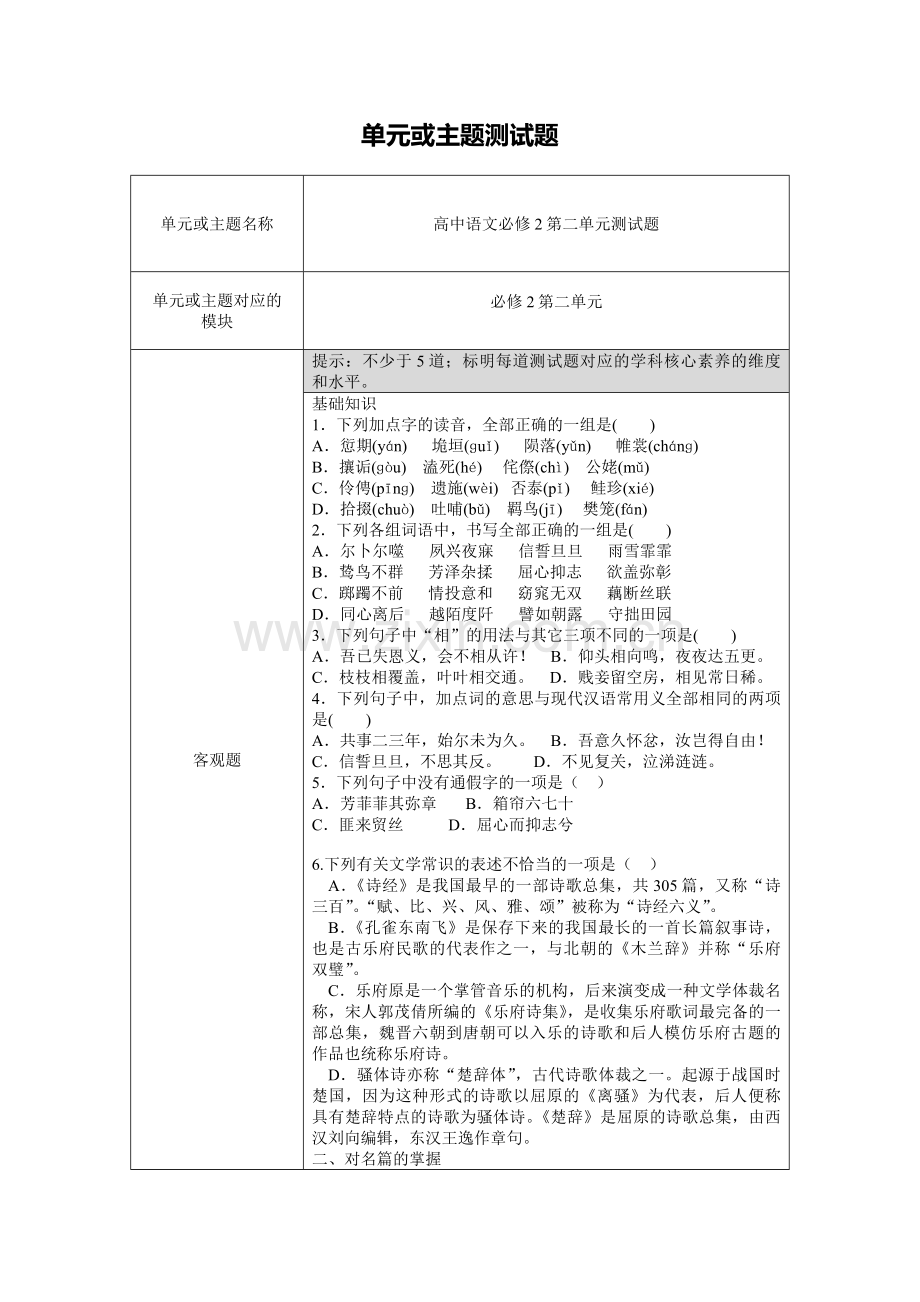 【作业表单】单元或主题测试题 (2).doc_第1页