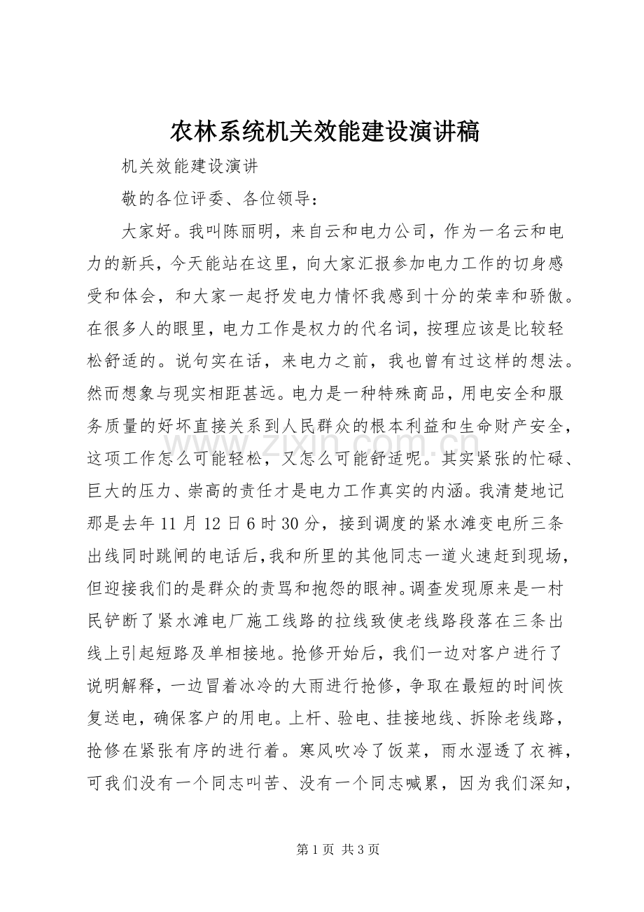 农林系统机关效能建设致辞演讲稿.docx_第1页