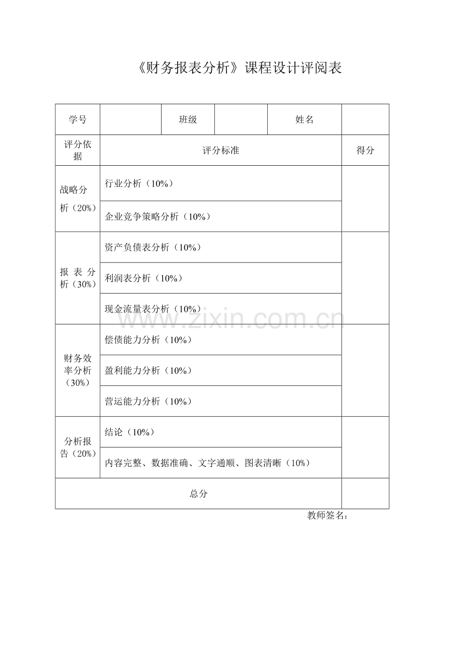 《财务报表分析》课程设计评阅表.docx_第1页