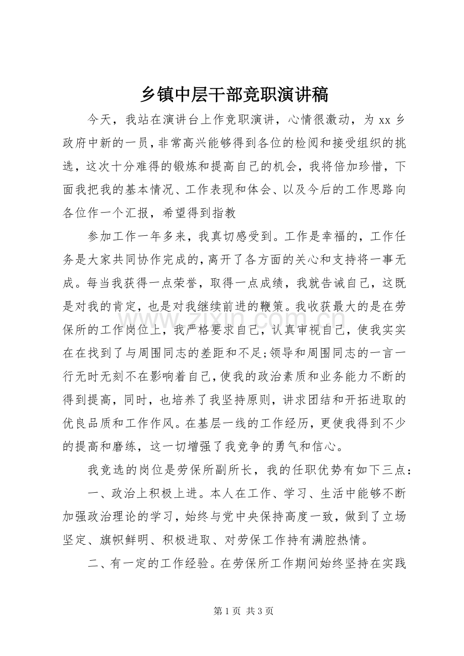 乡镇中层干部竞职演讲稿范文.docx_第1页