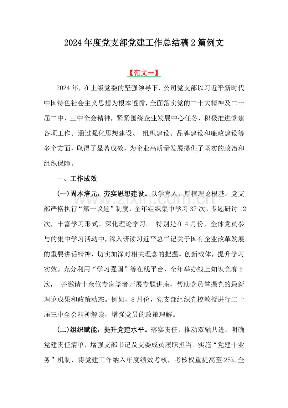 2024年度党支部党建工作总结稿2篇例文.docx_第1页