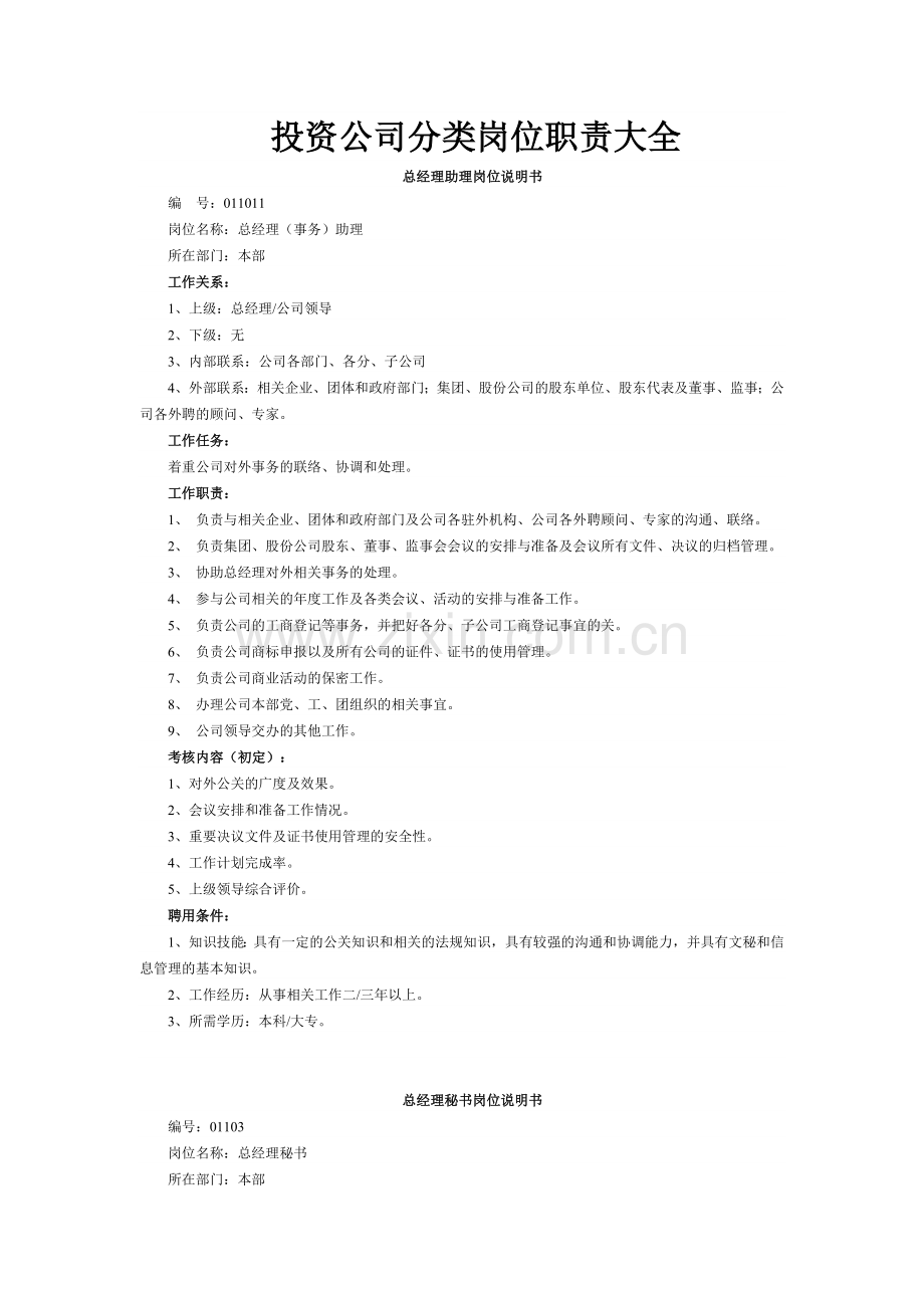 投资公司分类岗位职责大全.docx_第1页