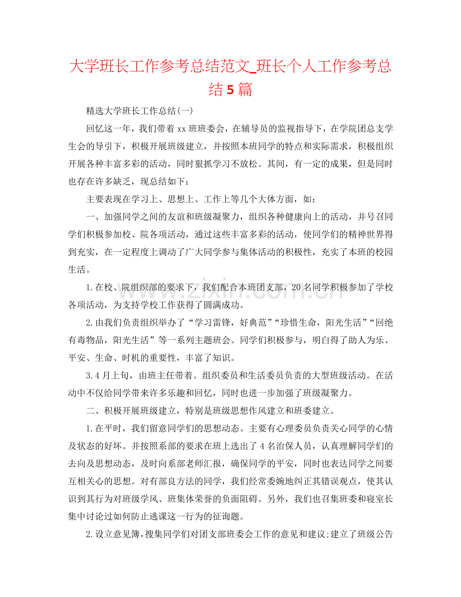 大学班长工作参考总结范文_班长个人工作参考总结5篇.doc_第1页