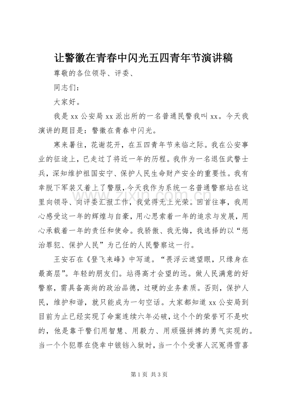 让警徽在青春中闪光五四青年节演讲稿范文 (2).docx_第1页