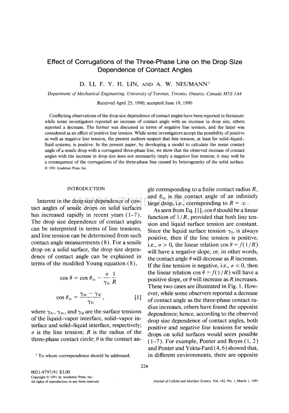 Effect of Corrugations of the Three-Phase Line on the Drop Size Dependence of Contact Angles英文版_8页.pdf_第1页