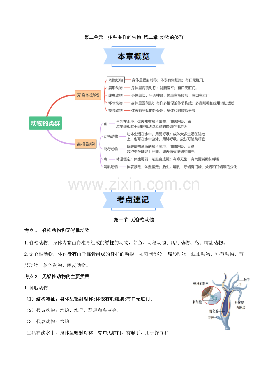 第二单元-第二章-动物的类群【速记清单】(原卷版)-2024-2025学年山西专用七年级生物练习.pdf_第1页