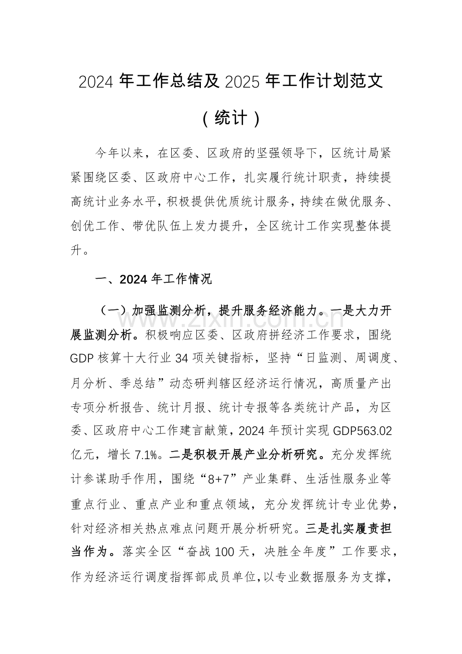 统计2024年工作总结及2025年工作计划范文.docx_第1页