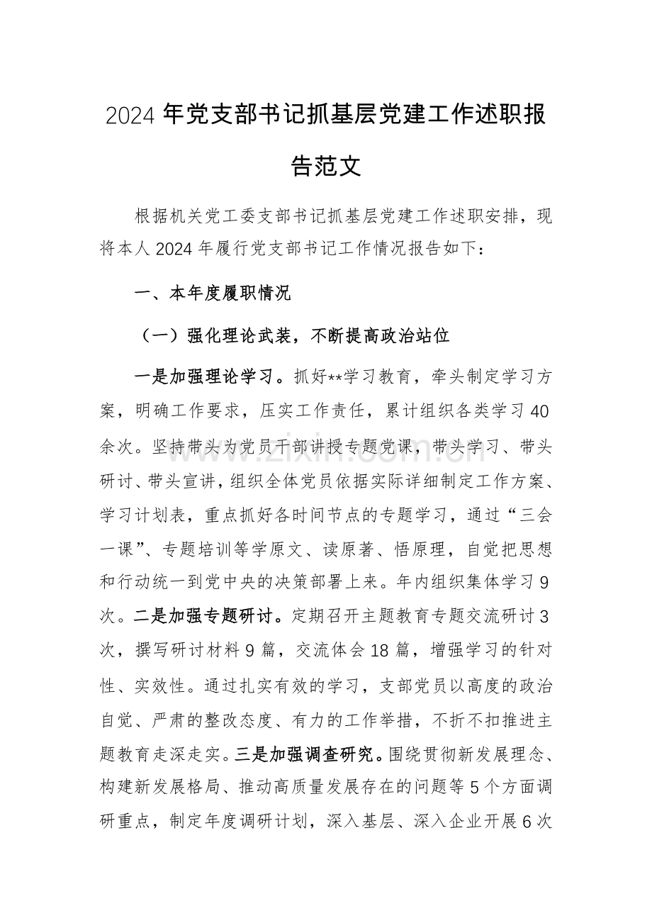 2024年党支部书记抓基层党建工作述职报告范文.docx_第1页