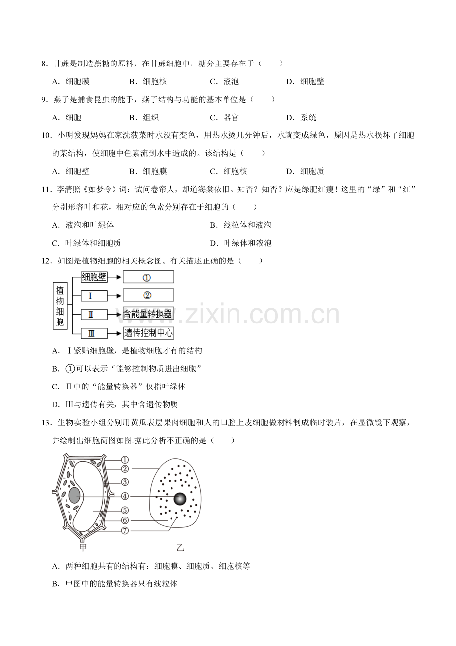 第二章--认识细胞【A卷提升卷】原版卷-2024-2025学年山西专用七年级生物练习.pdf_第3页