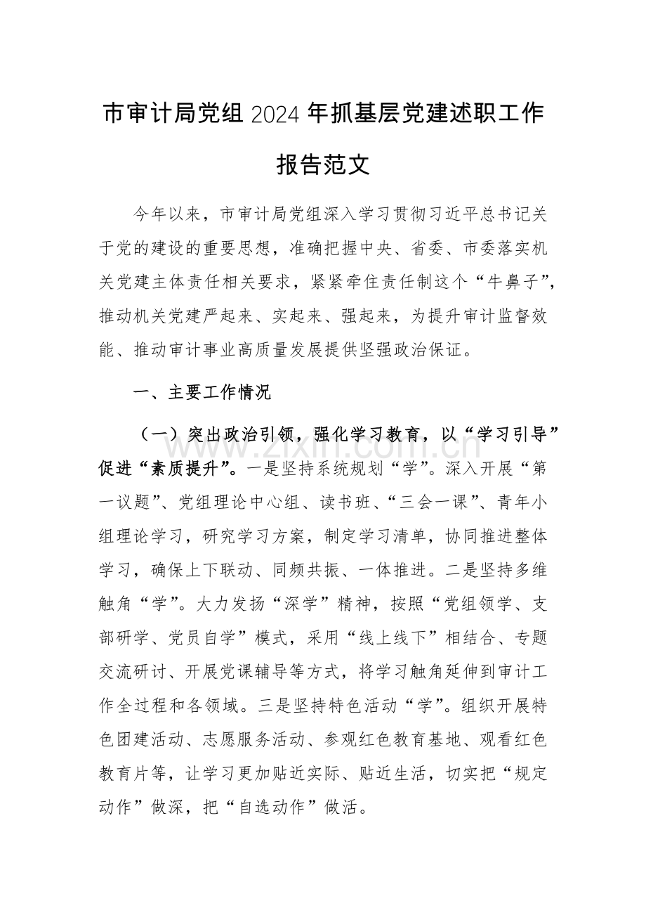 审计机关党组2024年抓基层党建述职工作报告范文.docx_第1页