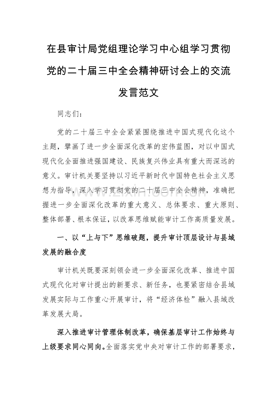 审计机关党组理论学习中心组学习贯彻党的二十届三中全会精神研讨会上的交流发言范文.docx_第1页