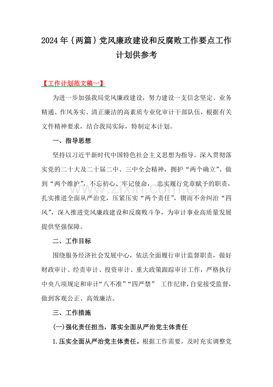 2024年｛两篇｝党风廉政建设和反腐败工作要点工作计划供参考.docx_第1页