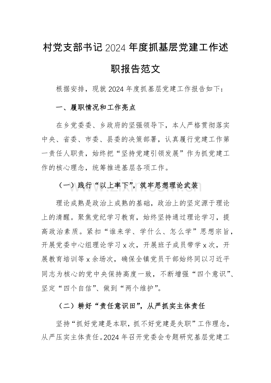 村党支部书记2024年度抓基层党建工作述职报告范文.docx_第1页