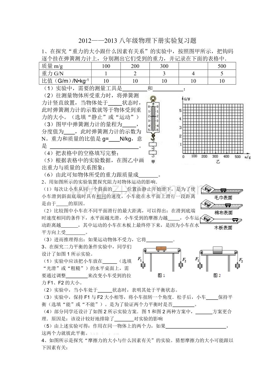 2012――2013八年级下册物理实验复习题.doc_第1页