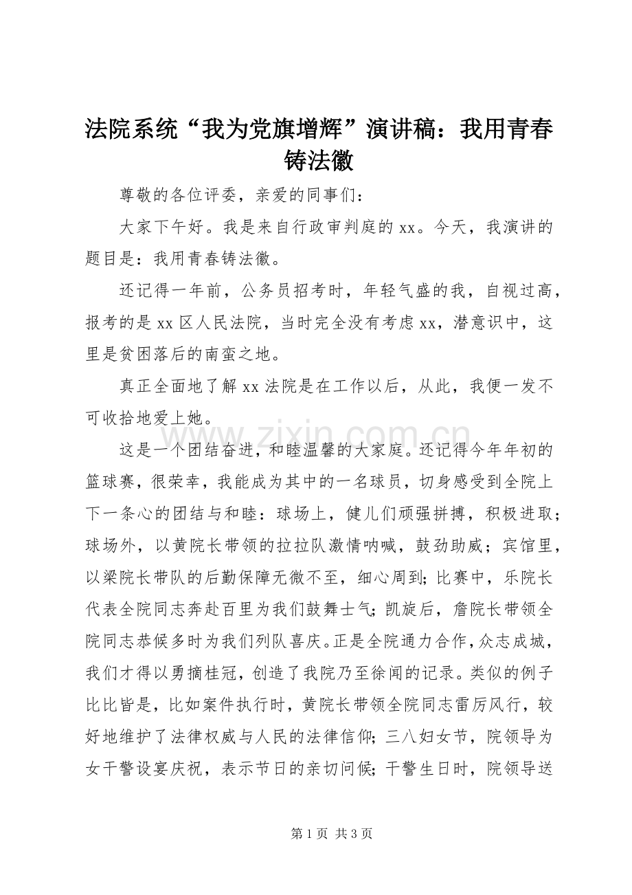 法院系统“我为党旗增辉”演讲稿范文：我用青春铸法徽.docx_第1页