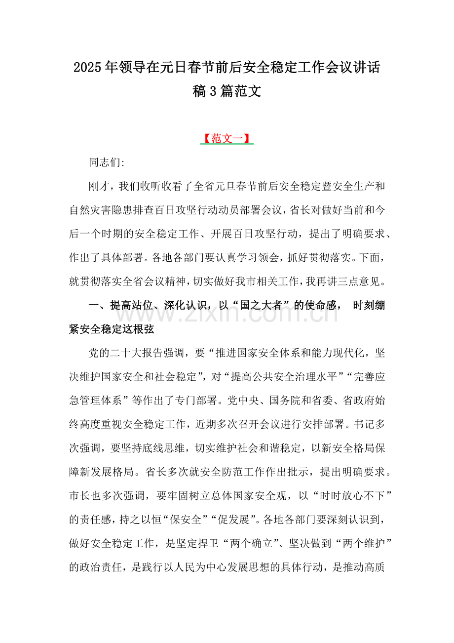 2025年领导在元日春节前后安全稳定工作会议讲话稿3篇范文.docx_第1页