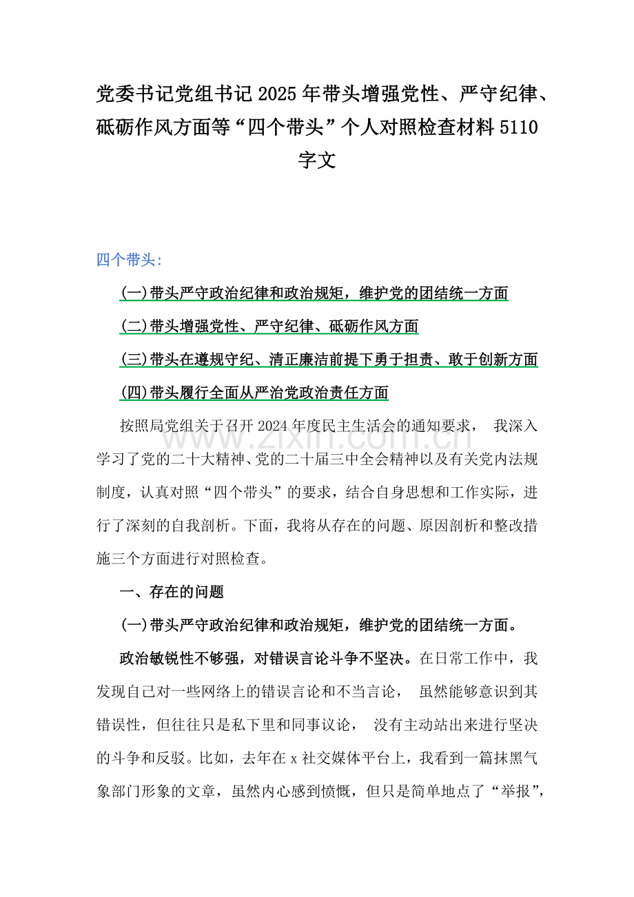 党委书记党组书记2025年带头增强党性、严守纪律、砥砺作风方面等“四个带头”个人对照检查材料5110字文.docx_第1页