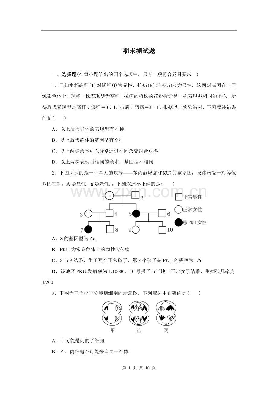 高中生物必修二期末测试.doc_第1页