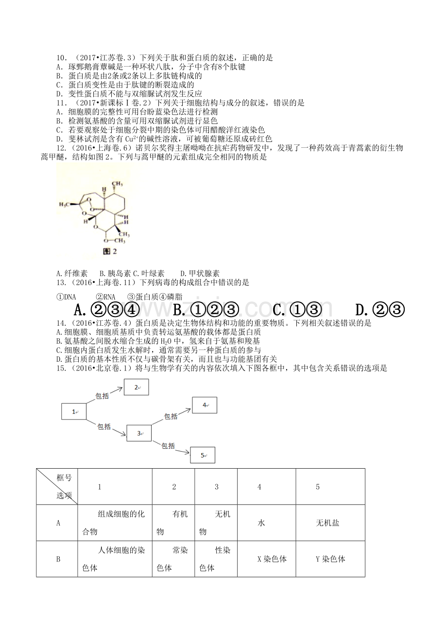 三年高考（2016-2018）生物试题分项版解析——专题01组成细胞的分子原卷版）.doc_第2页