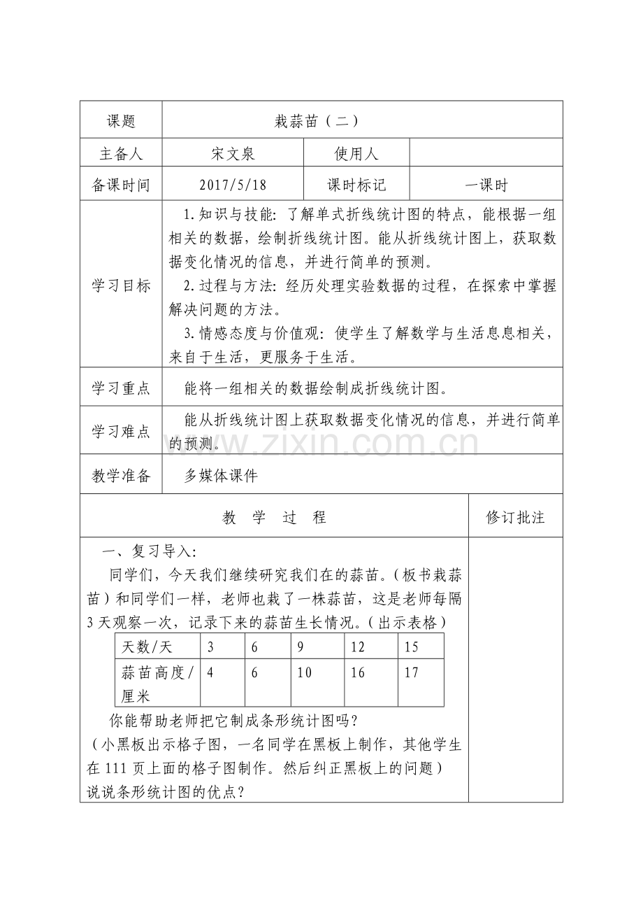 小学数学北师大2011课标版四年级北师大版四年级下册栽蒜苗(二)教学设计.doc_第1页