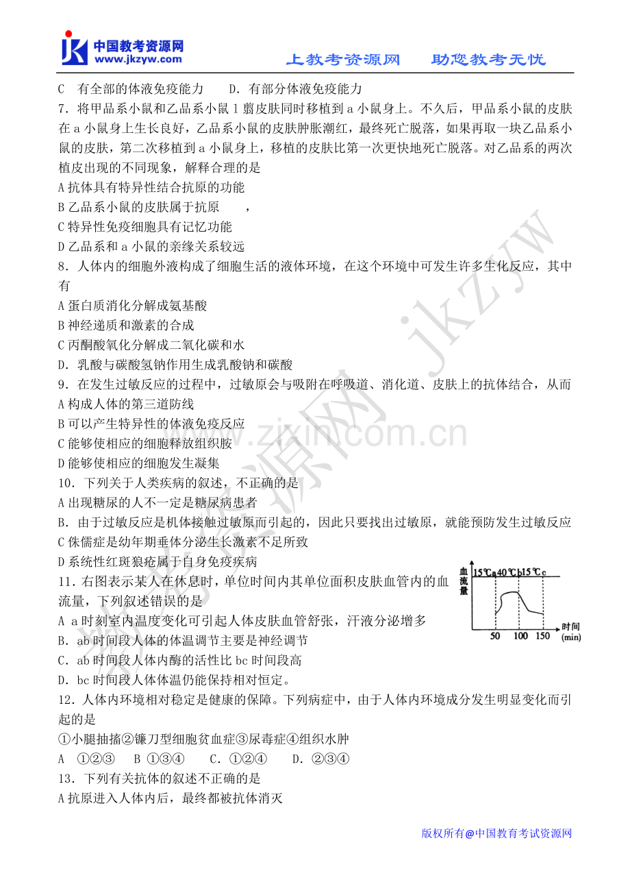 高三生物 人体生命活动的调节和免疫单元测试.doc_第2页