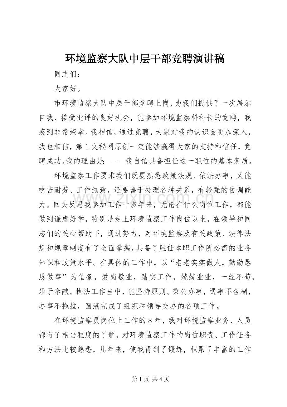 环境监察大队中层干部竞聘演讲稿范文集锦.docx_第1页