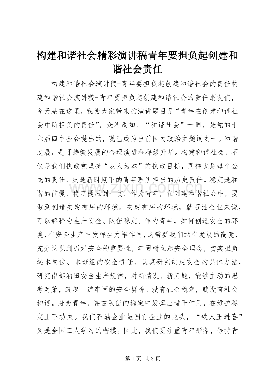 构建和谐社会精彩演讲稿范文青年要担负起创建和谐社会责任.docx_第1页