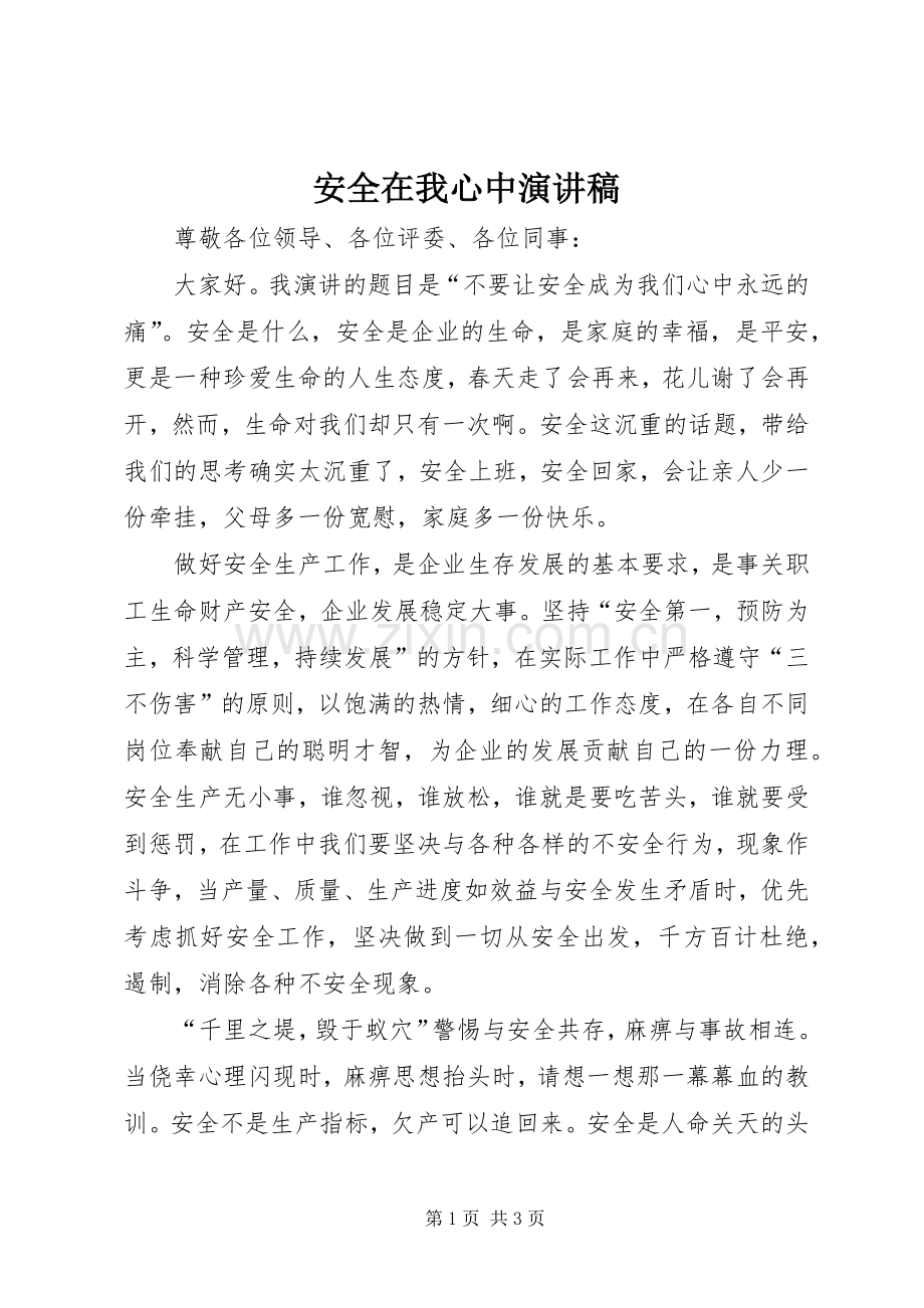 安全在我心中演讲致辞稿范文.docx_第1页