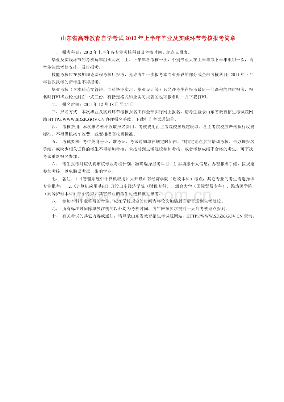 山东省高等教育自学考试2012年上半年毕业及实践环节考核报考简章.doc_第1页