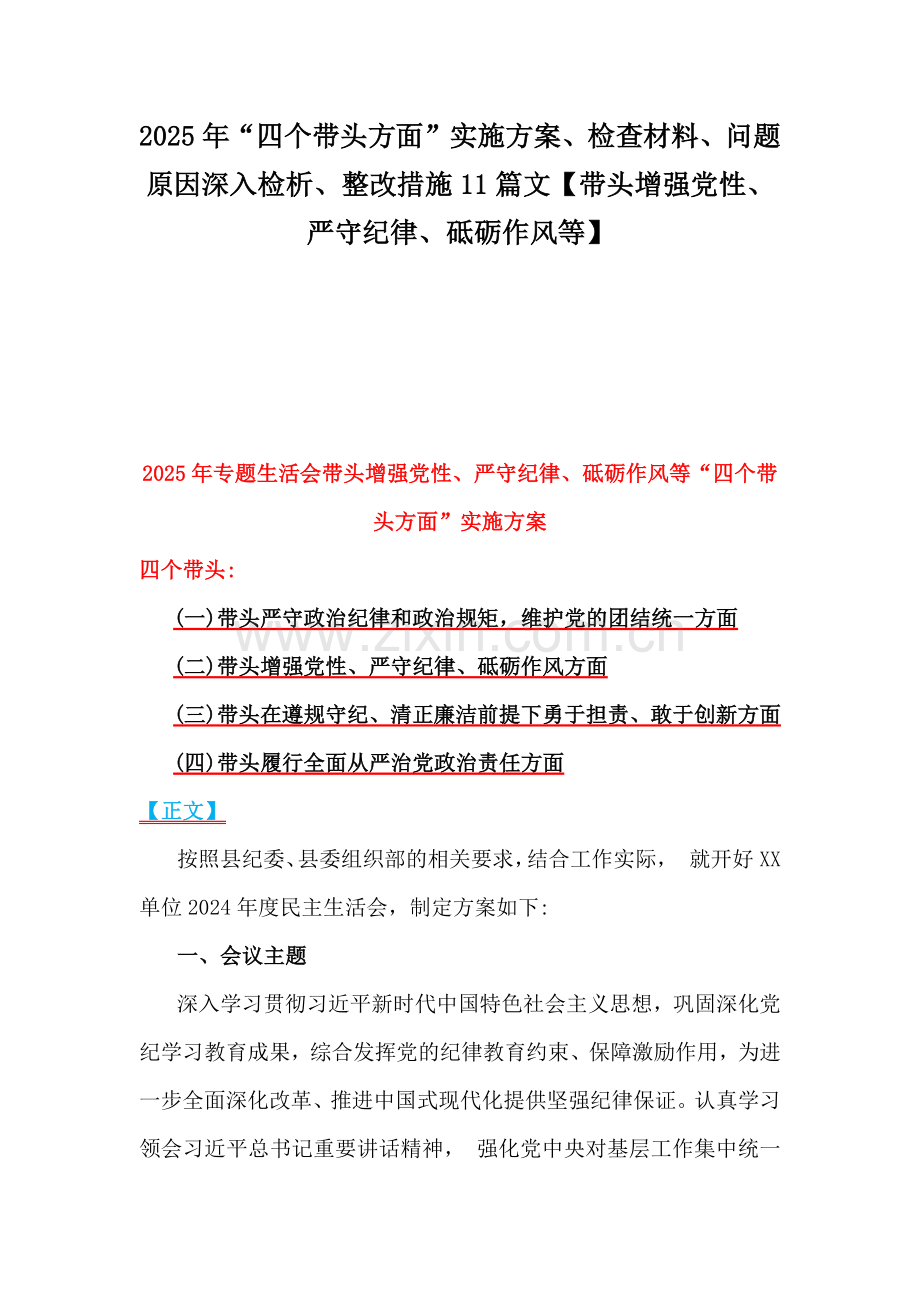 2025年“四个带头方面”实施方案、检查材料、问题原因深入检析、整改措施11篇文【带头增强党性、严守纪律、砥砺作风等】.docx_第1页