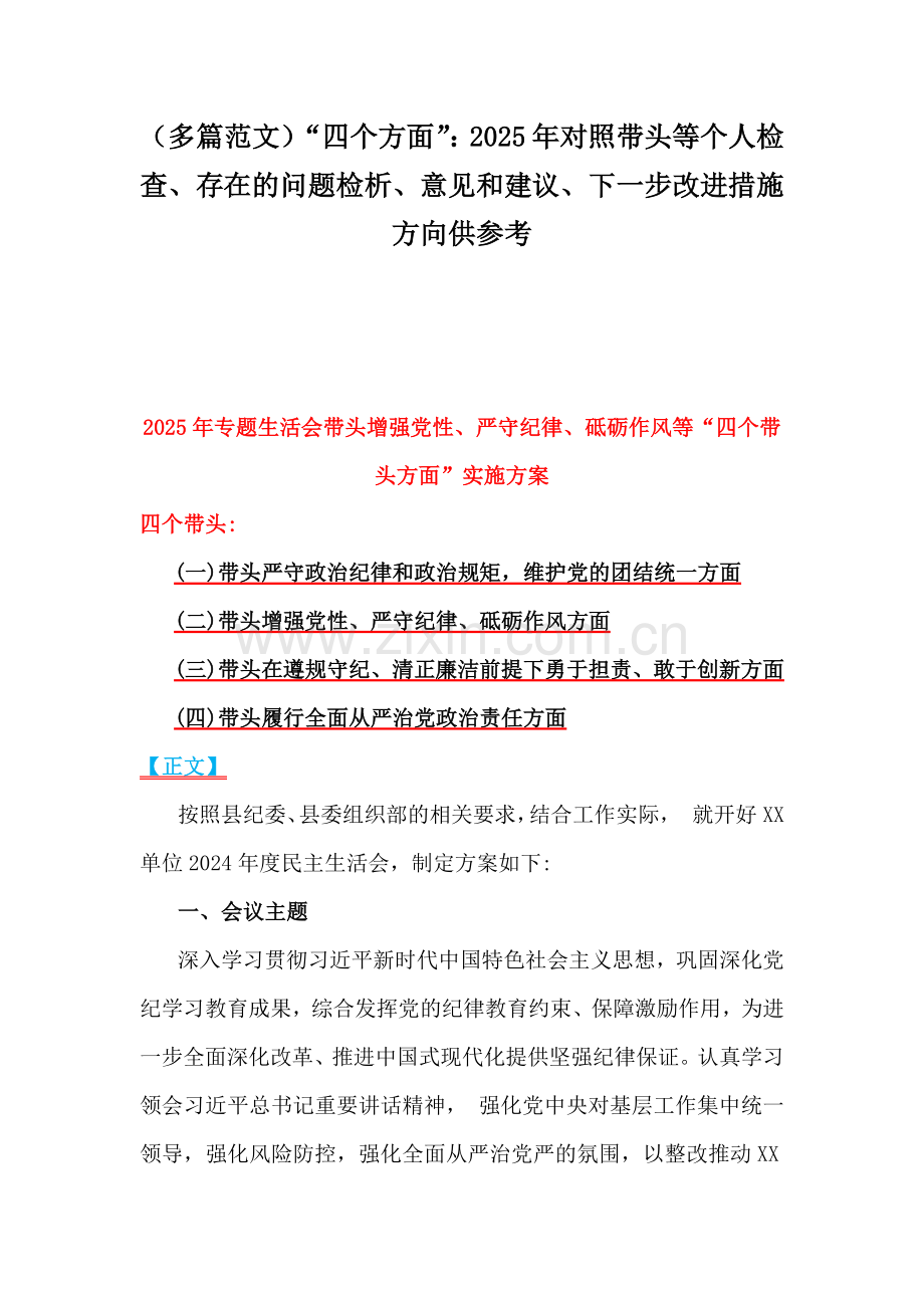 （多篇范文）“四个方面”：2025年对照带头等个人检查、存在的问题检析、意见和建议、下一步改进措施方向供参考.docx_第1页