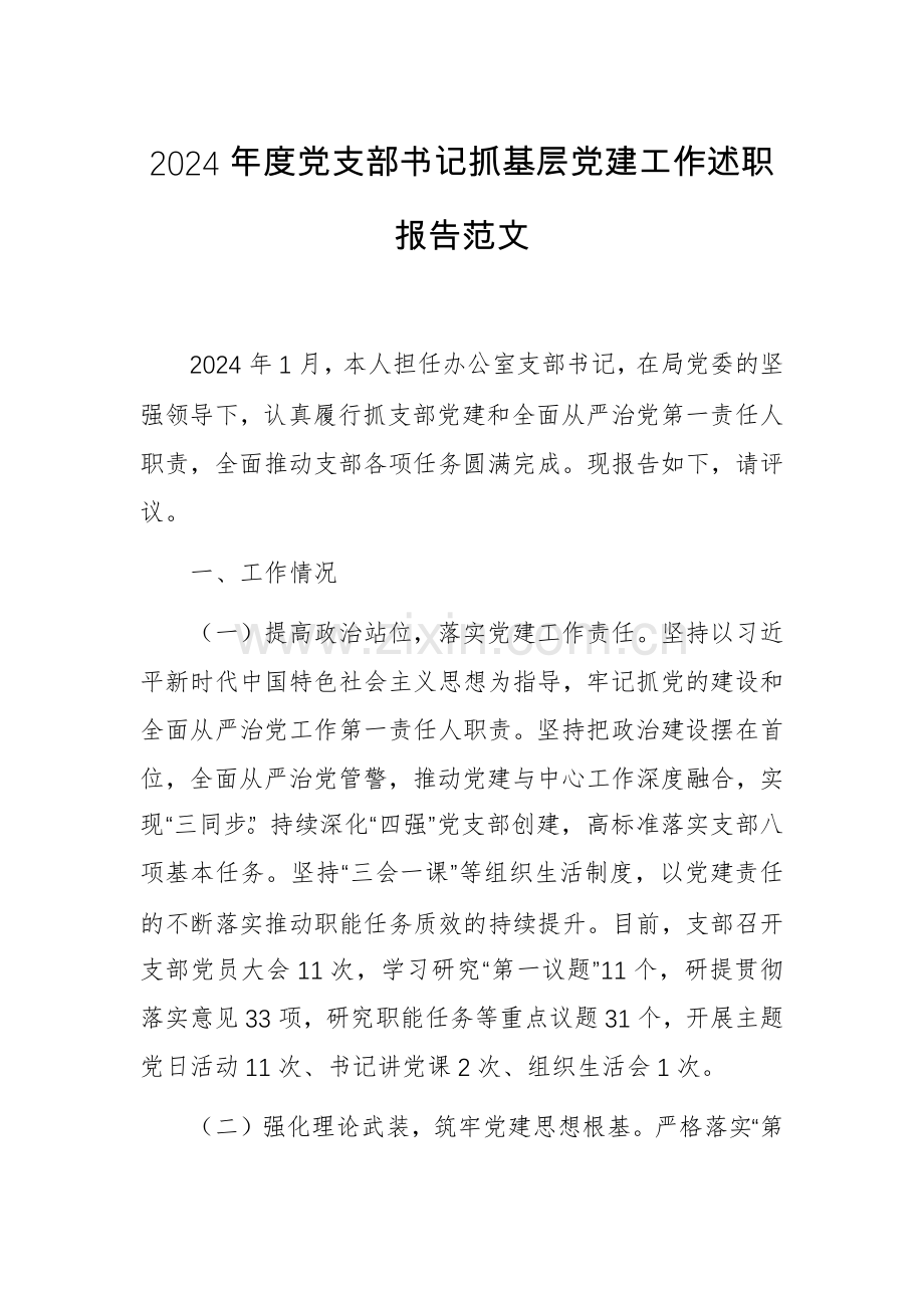 2024年度党支部书记抓基层党建工作述职报告范文.docx_第1页