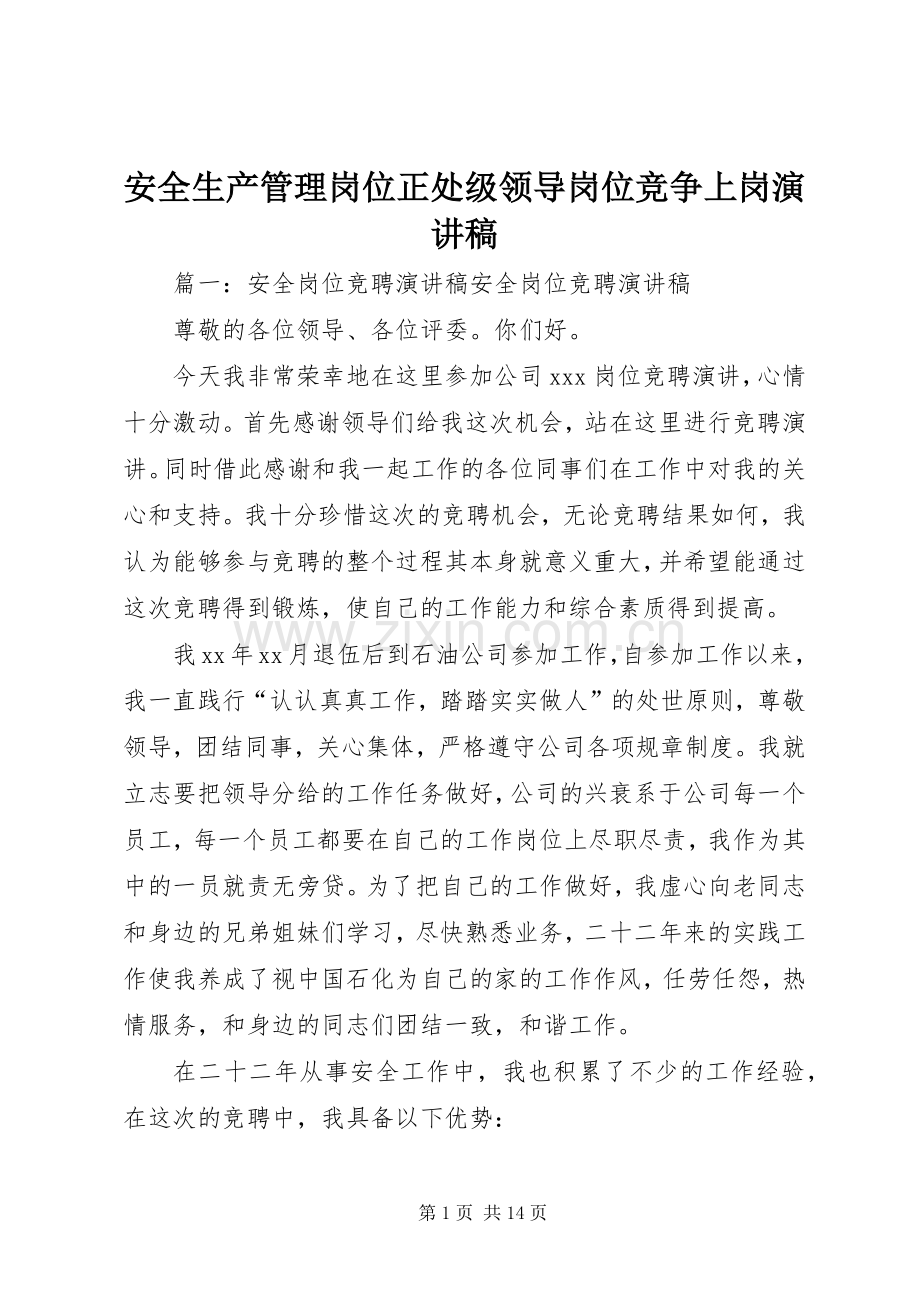 安全生产管理岗位正处级领导岗位竞争上岗演讲稿范文.docx_第1页