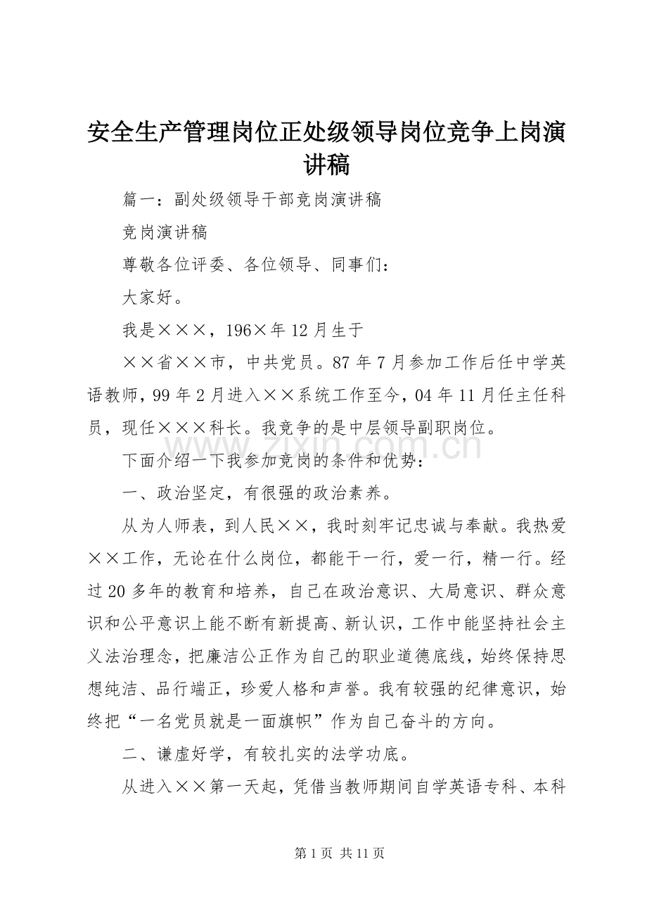 安全生产管理岗位正处级领导岗位竞争上岗致辞演讲稿.docx_第1页