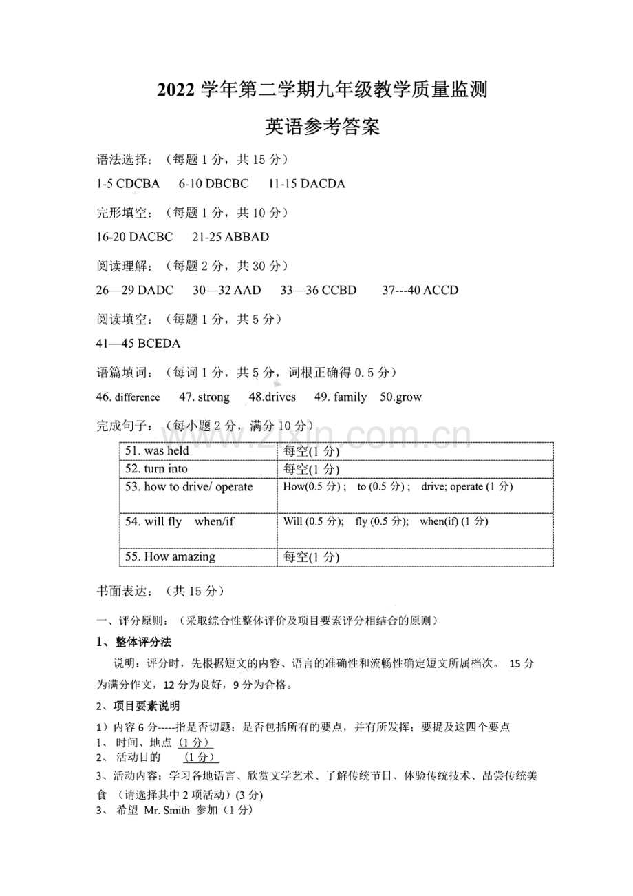 2023年广州市南沙区中考一模英语试题答案.pdf_第1页